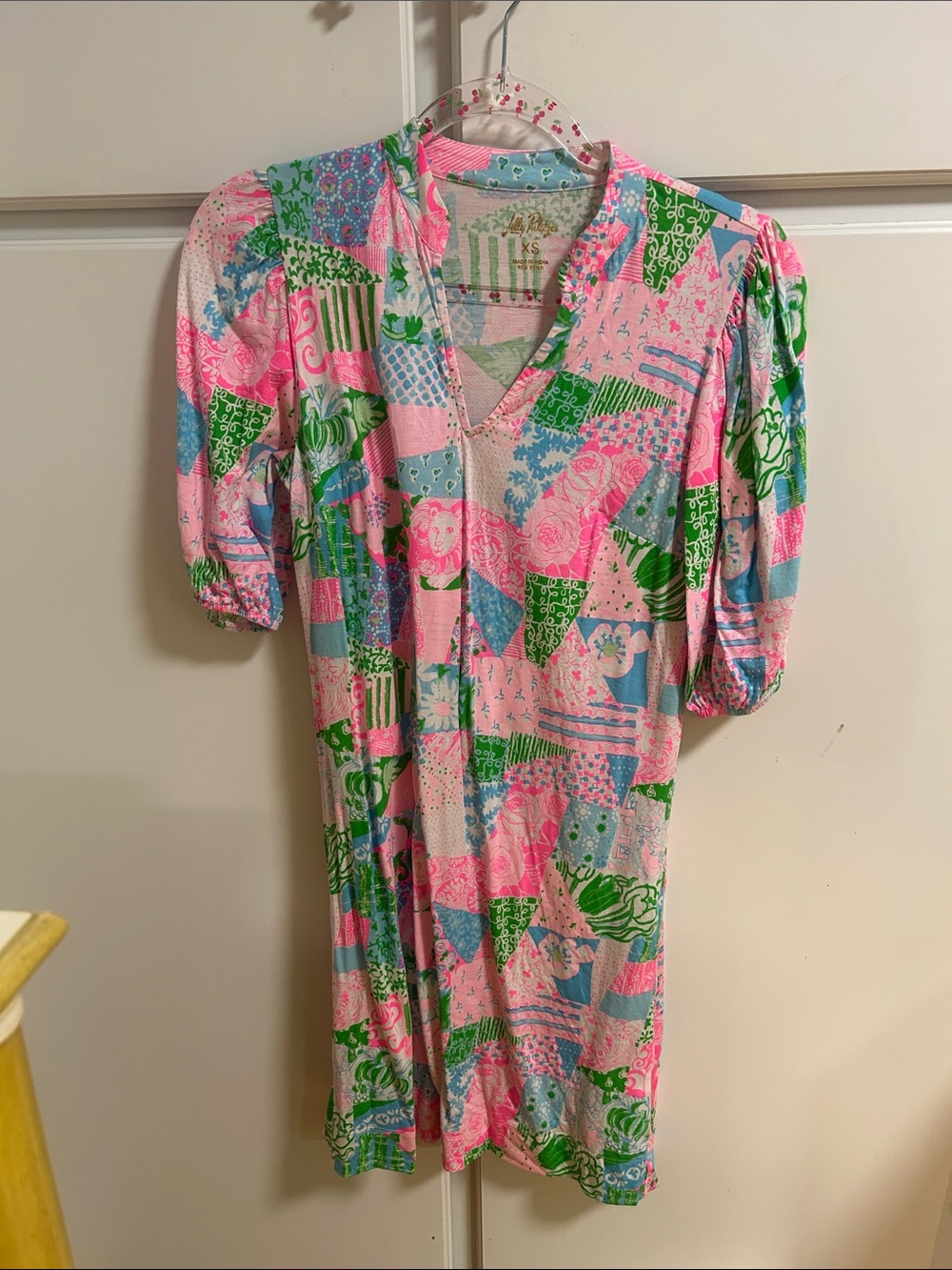 Lilly Pulitzer Pink, Green & Blue Patchwork Puff Sleeve Dress
